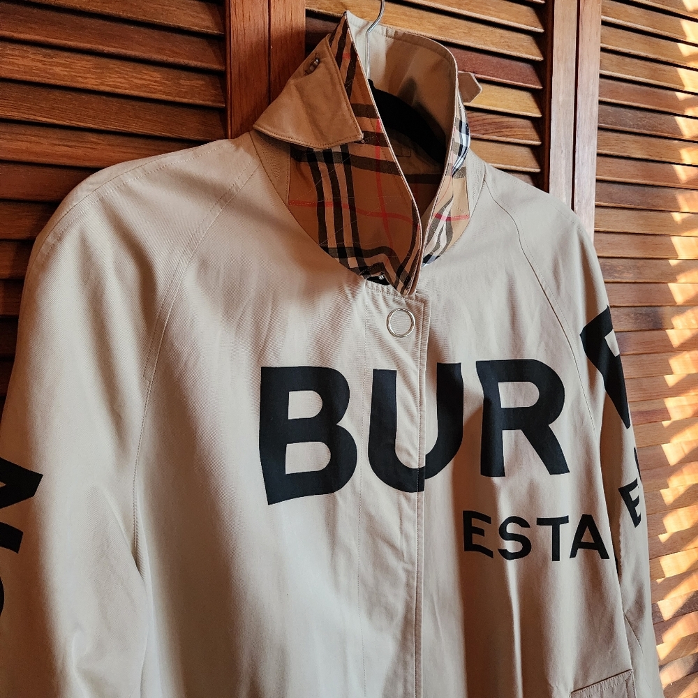 Burberry Tan Coat with Black Lettering - Picture 10 of 16